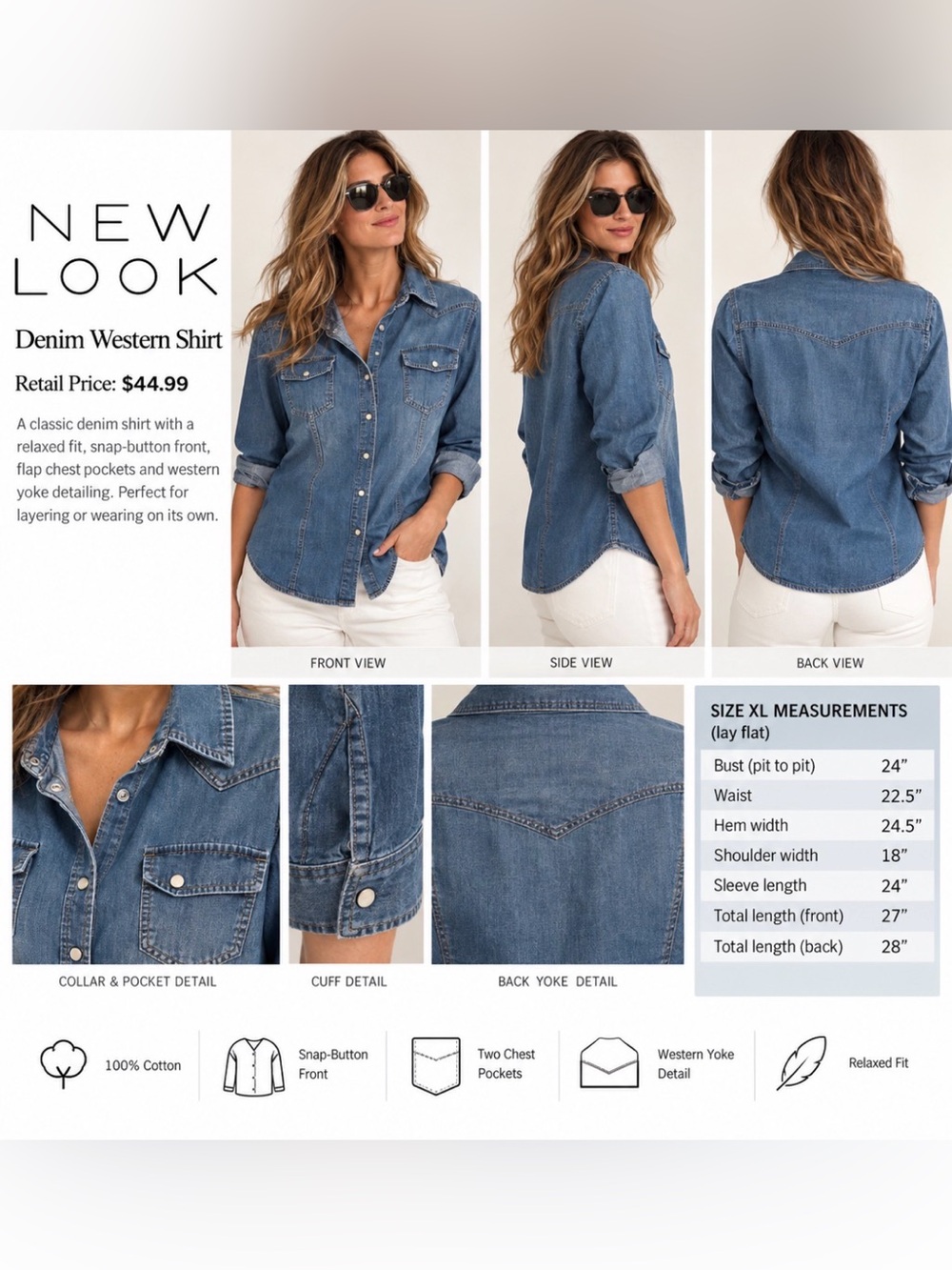 New Look Blue Denim Button-Down Western Shirt